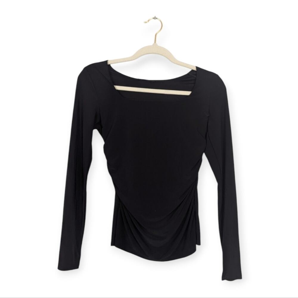 21 Saints Blouse M Black Square Neck Ruched Pleated Knit Fitted Chic Casual